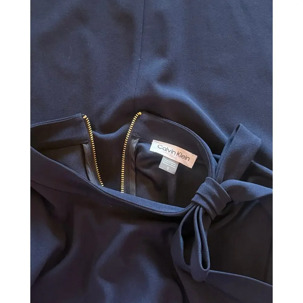 Calvin Klein High Neck Long Sleeve Navy Shift Dress Bow Neck Career Sz 12 - Picture 3 of 7